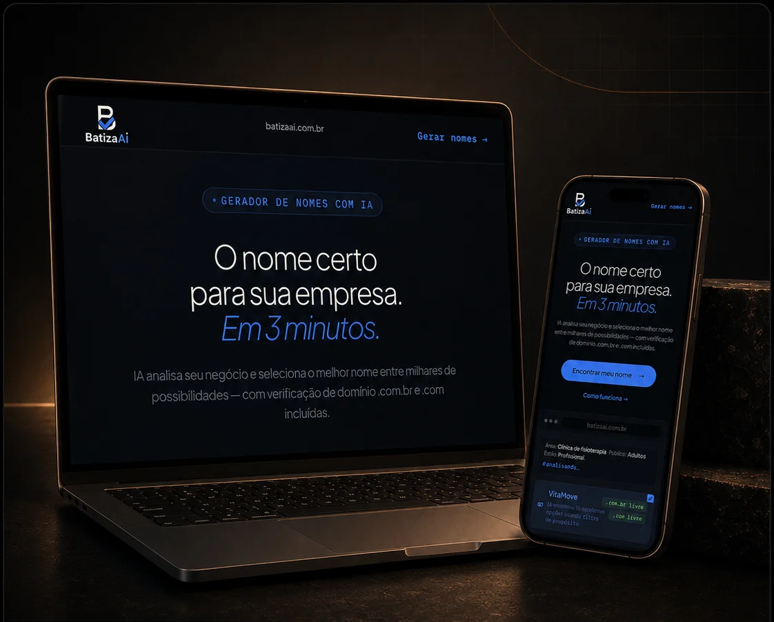 Mockup do BatizaAI em laptop e celular
