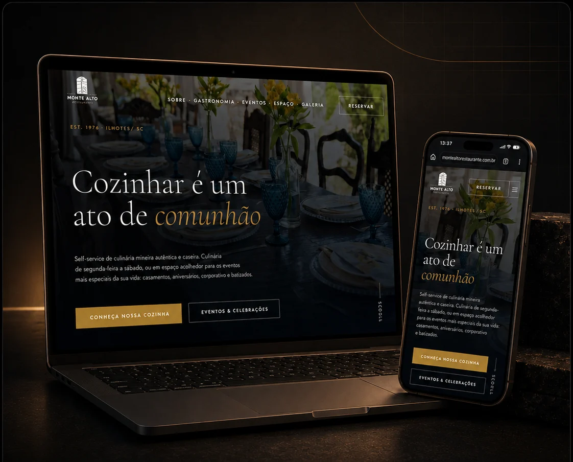Mockup do site do Monte Alto Restaurante em laptop e celular