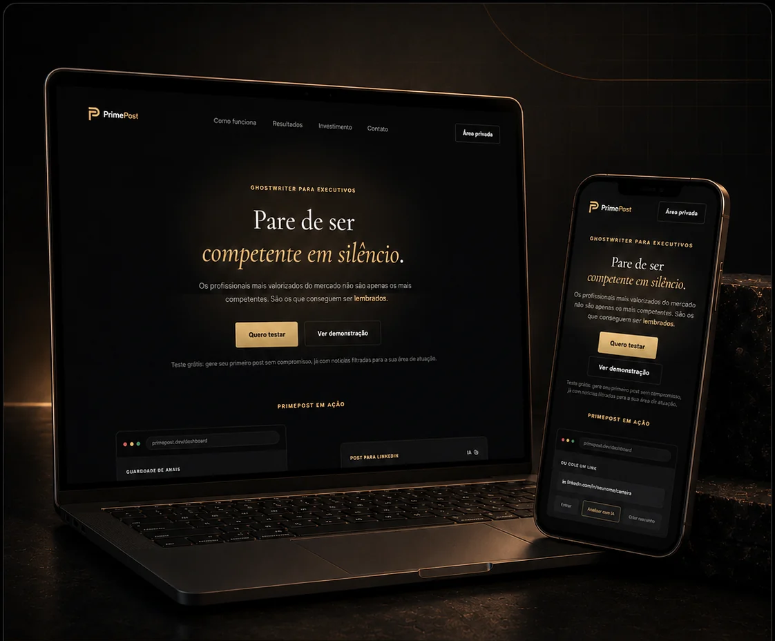 Mockup do PrimePost em laptop e celular